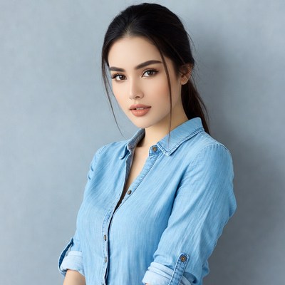 Asian woman in blue denim shirt