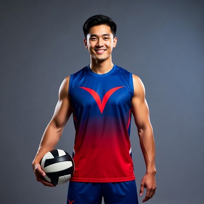 Asian man holding volleyball