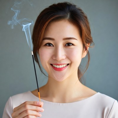 Asian woman holding incense stick