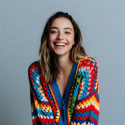 Smiling woman in colorful crochet cardigan