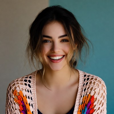 Smiling woman in colorful crochet cardigan
