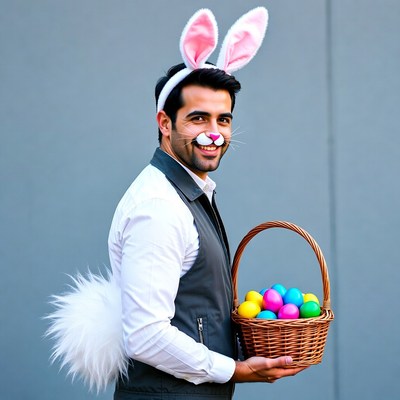 Man in bunny costume holding Easter basket