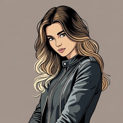 Woman with balayage hair in leather jacket