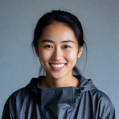 Asian woman smiling in raincoat