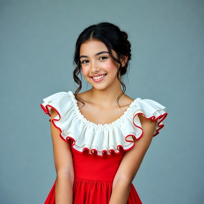 Smiling Asian girl in red ruffled dress