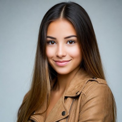 Smiling young woman in leather jacket