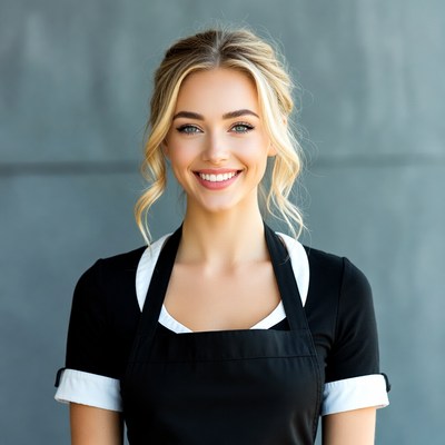 Smiling blonde woman in black apron