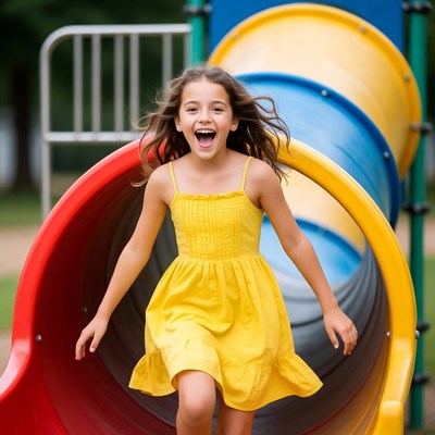 Girl running into colorful playground slide