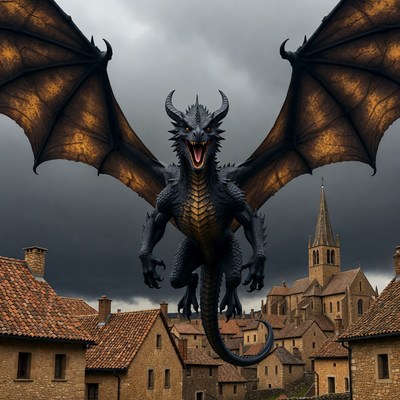 Black Dragon Over Medieval Village