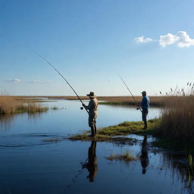 Two men fishing in marsh