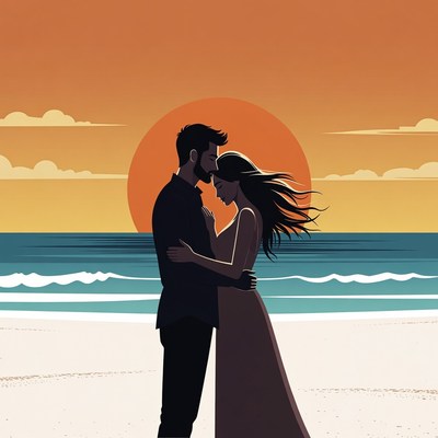 Silhouette couple embracing at sunset beach