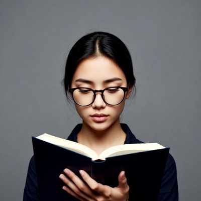 Asian woman reading book in glasses