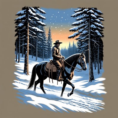 Cowboy riding horse in snowy forest