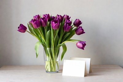 Purple Tulips in Vase with Blank Card