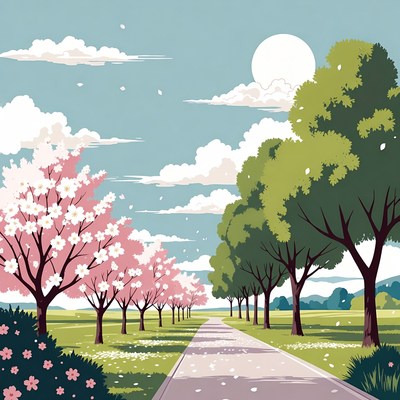 Cherry Blossom Path Under Moonlight