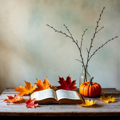 Open Book with Pumpkin and Autumn Leaves