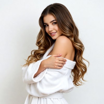 Woman in white bathrobe smiling