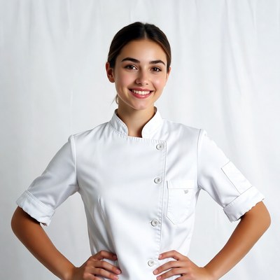 Smiling woman in white chef uniform