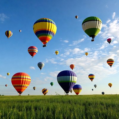 Colorful hot air balloons over green field