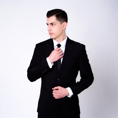 Man adjusting black suit tie