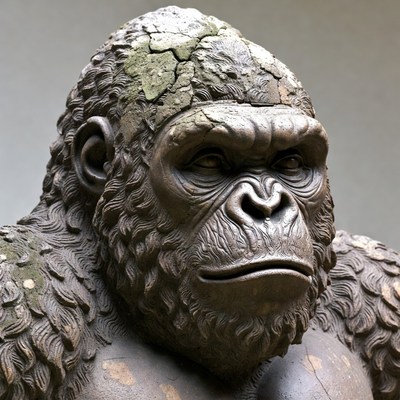 Mossy stone gorilla head sculpture