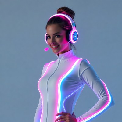 Woman in glowing headset and neon suit