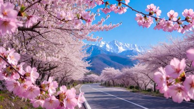 Cherry Blossoms Framing Mountain Road