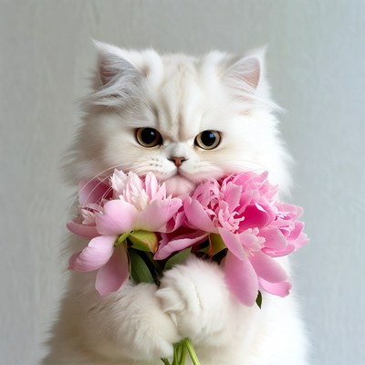 White Persian Cat Holding Pink Peonies