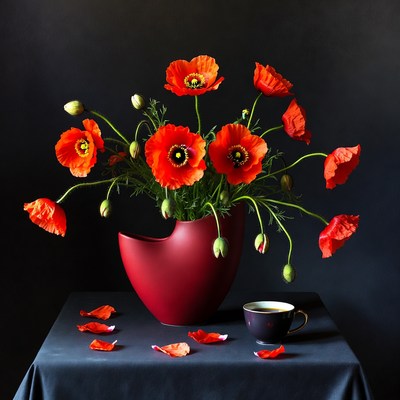 Red Poppies in Red Vase