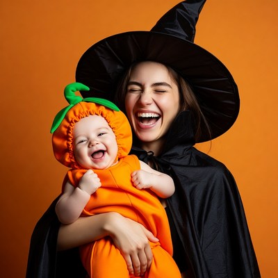 Mother and baby in Halloween costumes