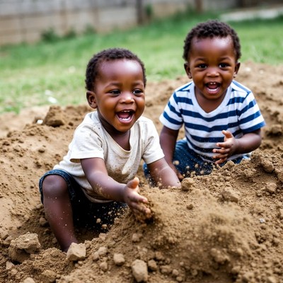 African twin boys playing in dirt