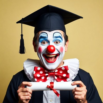 Clown graduating with diploma