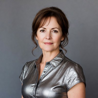 Woman in shiny silver blouse