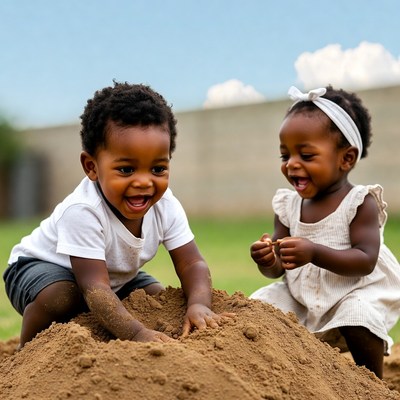 Black twin toddlers playing in sand pile