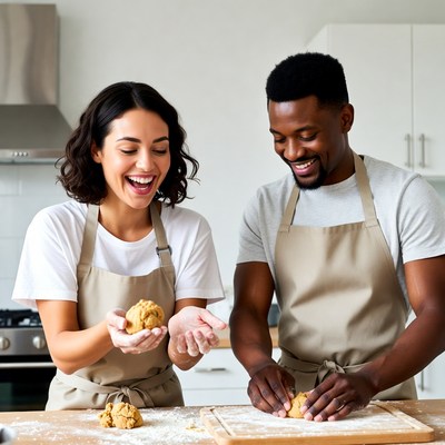 Interracial couple baking cookies kitchen