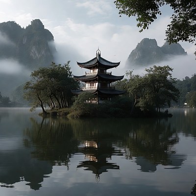 Pagoda on Island in Misty Lake
