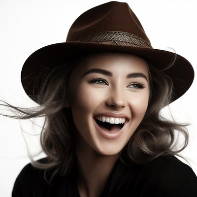 Woman smiling in brown fedora hat
