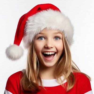 Blonde girl smiling in Santa hat