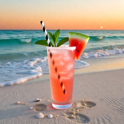 Watermelon Cocktail on Beach Sunset