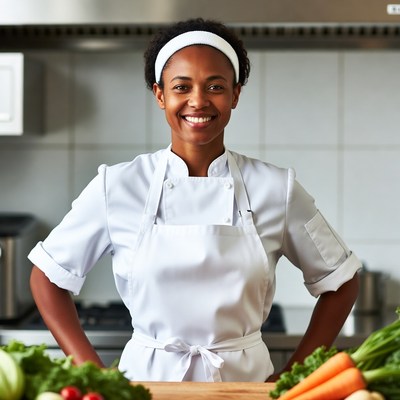 African-American chef smiling in kitchen