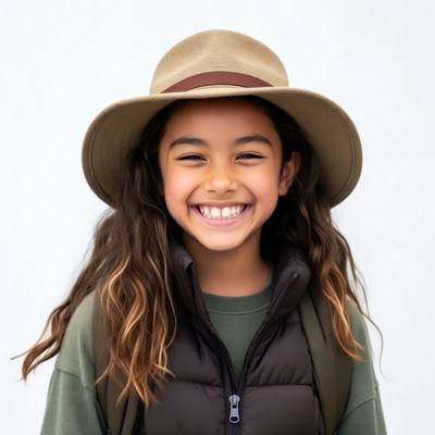 Smiling girl in beige hat