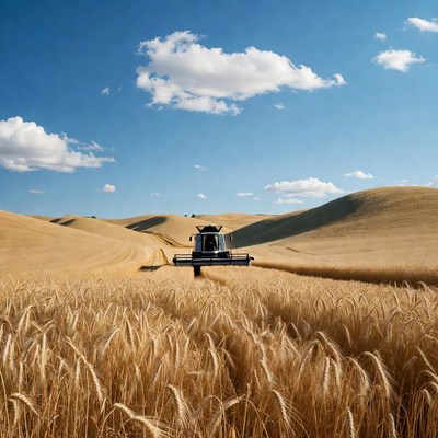 Combine Harvester in Wheat Field