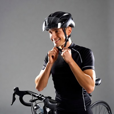 Man adjusting cycling helmet with bike