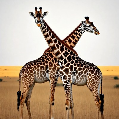 Two Giraffes Crossing Necks in Savanna