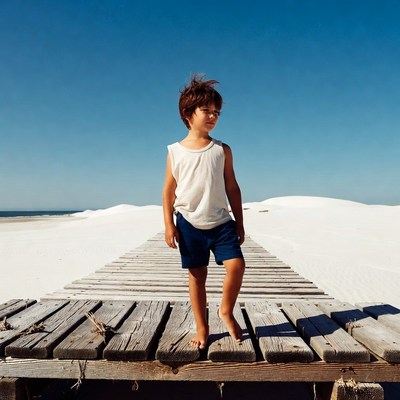 Boy walking barefoot on beach boardwalk