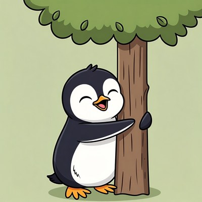 Cute penguin hugging tree