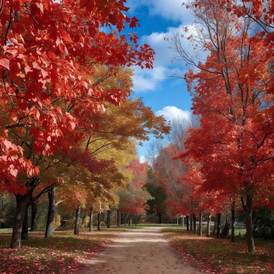 Autumn Path Lined with Red Maple Trees