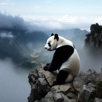 Panda sitting on mountain cliff