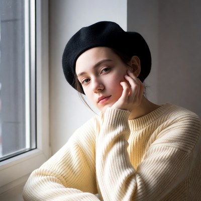 Girl in black beret by window