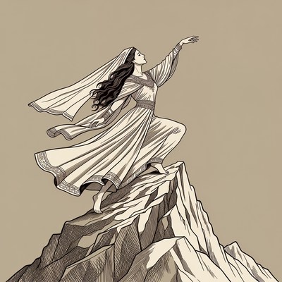 Woman reaching on mountain peak
